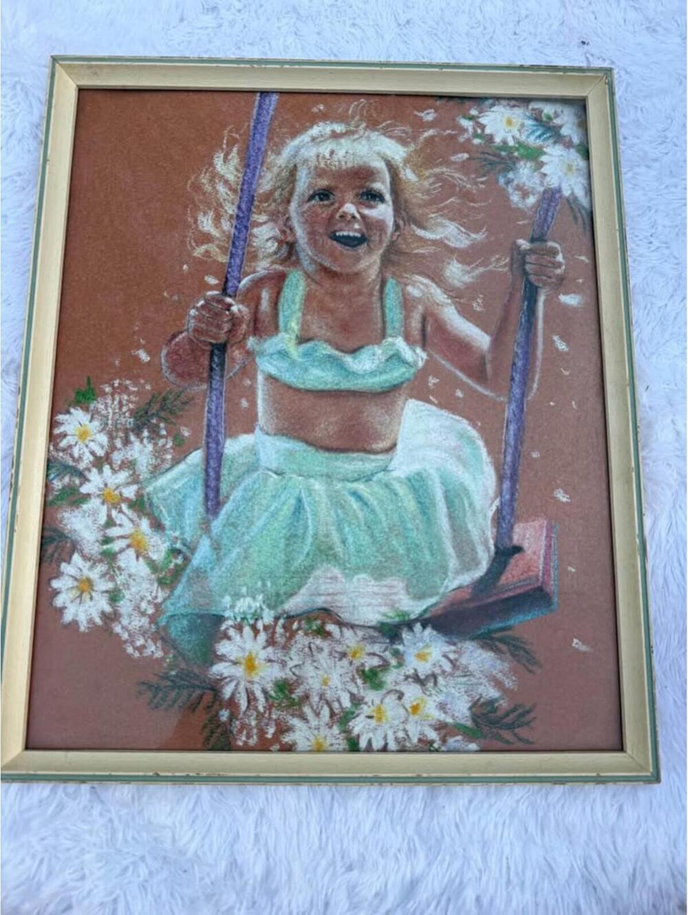 Vintage Framed Happy Girl on Swing Daisies